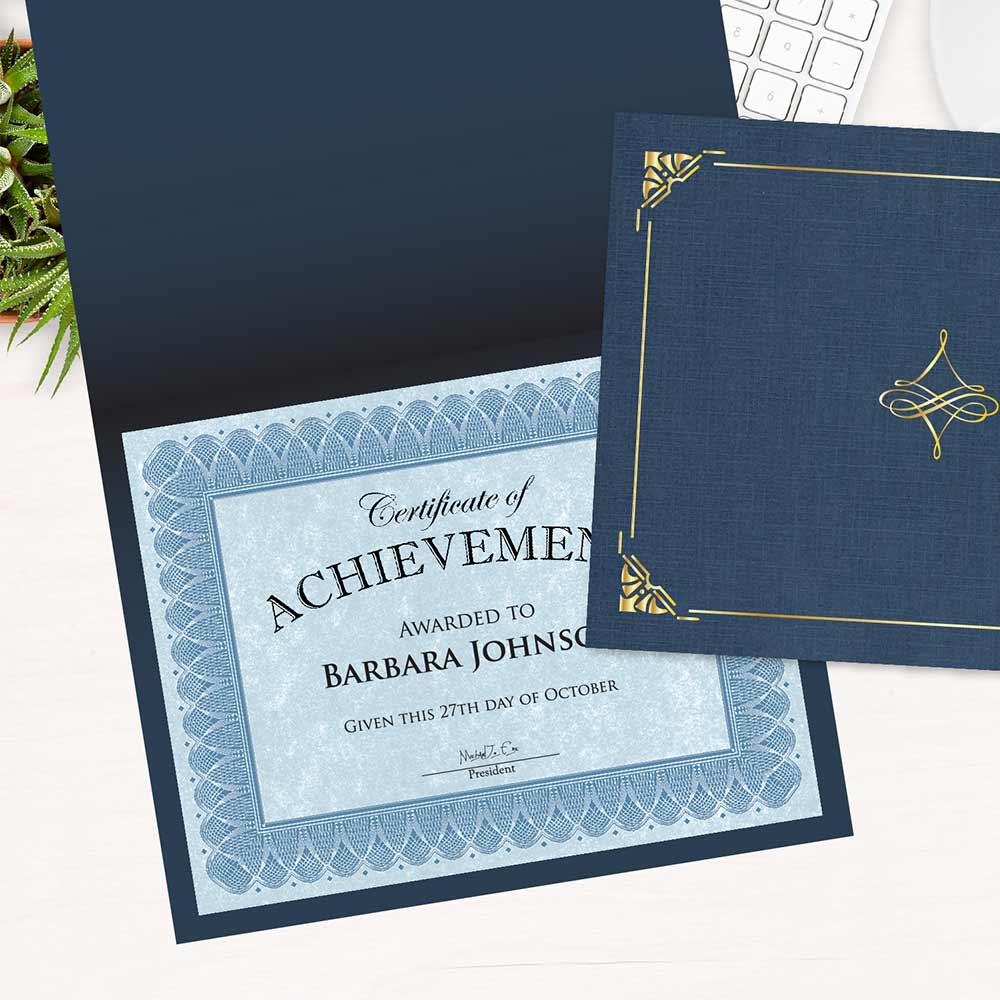 Art Deco Navy Blue Certificate Holders Linen Gold Foil 47841 (2)