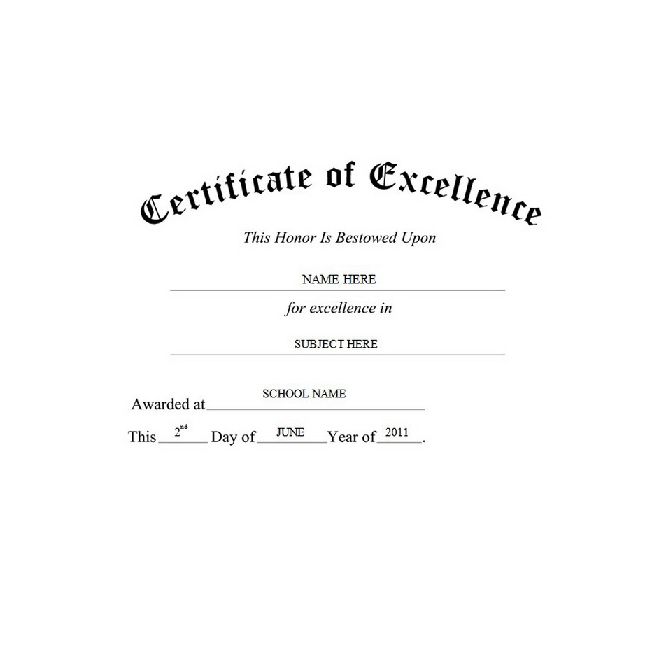 Certificate Of Excellence Template