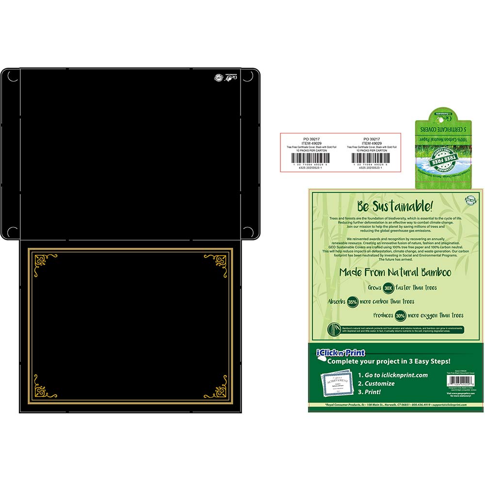 Black Vintage Gold Foil Certificate Holders, Sugar Cane Tree Free
