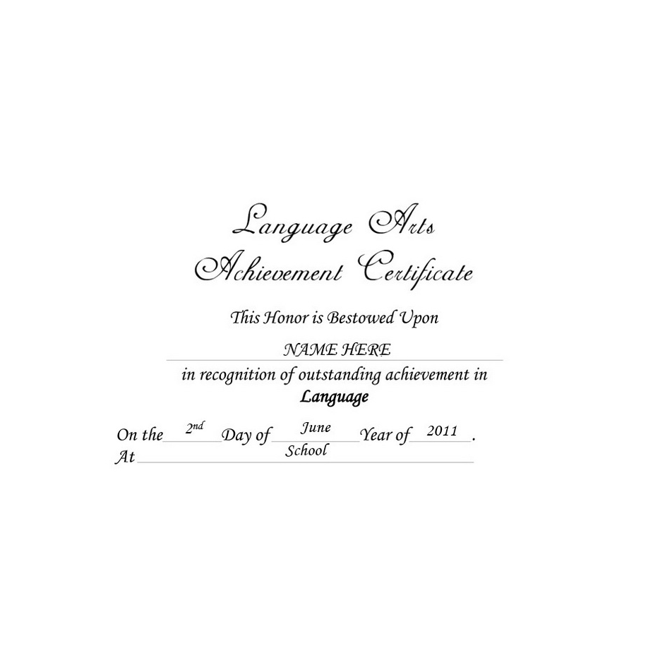 Language Arts Achievement Certificate Free Template Image
