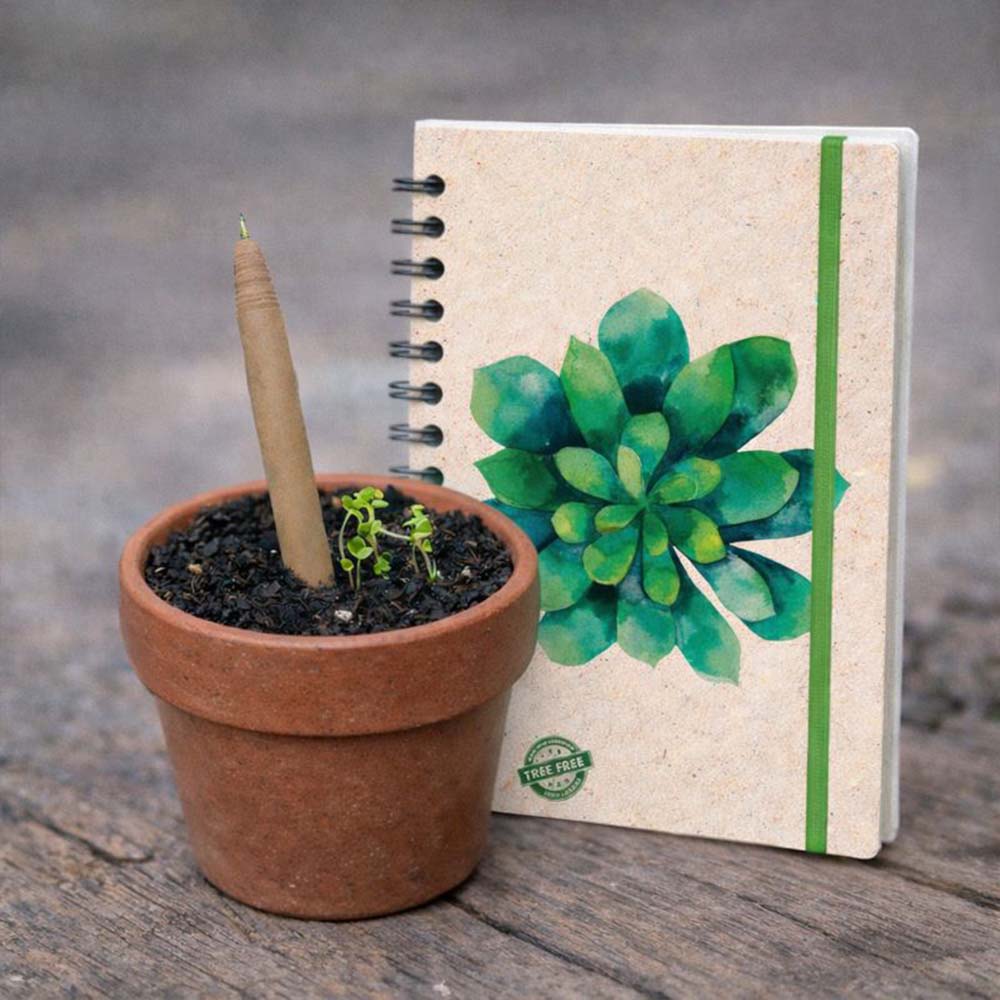 Succulent design notebook cover with a plantable pen