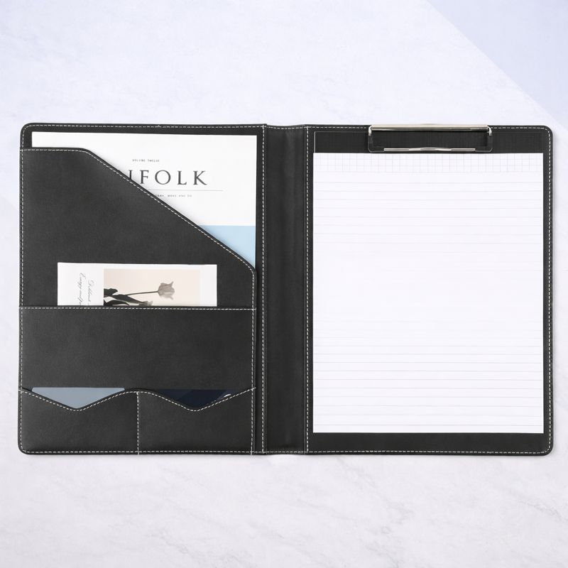 Black faux leather cover with white stitching detail