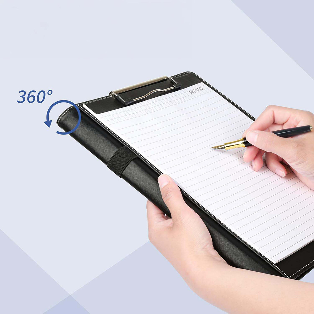 Open and closed black leather case with resume inside