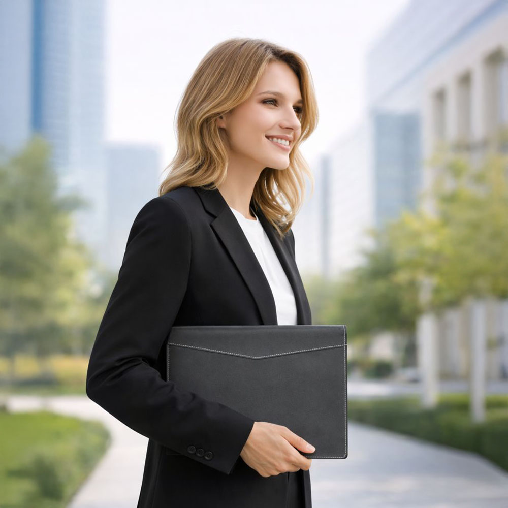 Open black case with parchment paper and card slots